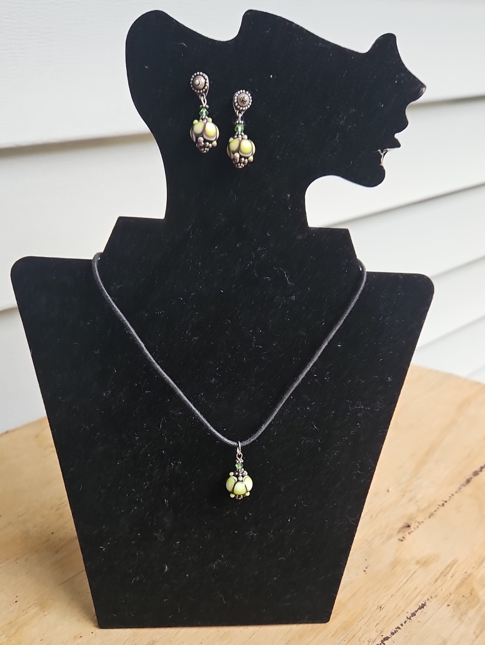 Handcrafted Green Bead Pendant Necklace,  Earrings And Bracelet Set